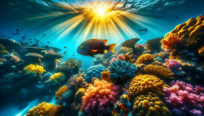 Naklejka premium Underwater A fish swimming alongside colorful coral with golden rays streaming through the ocean surface3