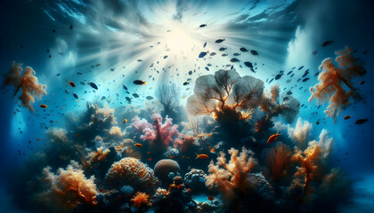 Fototapeta premium Underwater A coral reef with swaying fish and soft sunlight streaming through, highlighting vibrant sea plants1