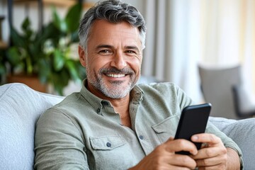 Happy middle-aged man smiling using smartphone on couch at home casually scrolling social media and online shopping in bright living room with natural light