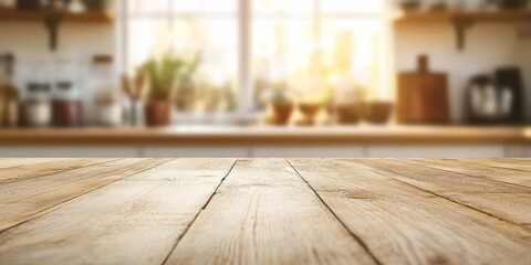 Wooden Kitchen Counter with Blurred Background in Bright Airy Rustic Farmhouse Kitchen