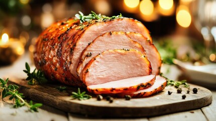 Savory sliced ham on a wooden board with herbs, festive background, delicious and tempting.