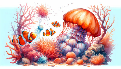 Underwater A close-up watercolor illustration of a jellyfish and a clownfish swimming near coral branches1