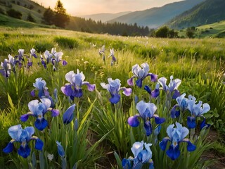 Sunset Meadow Irises  Blooming Spring Flowers Landscape ©  Sokimimi Studio