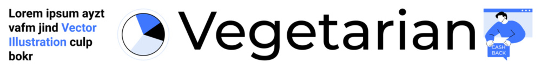 Pie chart with four segments in black, blue, and gray colors, text placeholder, a larger word Vegetarian, and person shopping. Ideal for dietary blogs, health apps, food services, educational