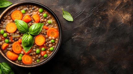Colorful vegetable soup with carrots, peas, and basil in a rustic bowl.