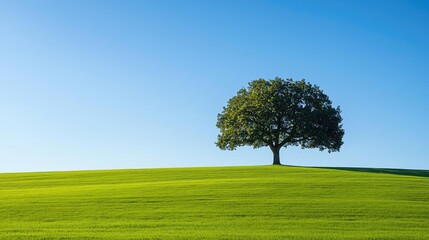 Obraz premium A solitary tree on a green hill under clear blue sky.