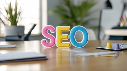 A colorful "SEO" sign sits on a wooden desk in a bright office space, symbolizing search engine optimization in a modern workspace.