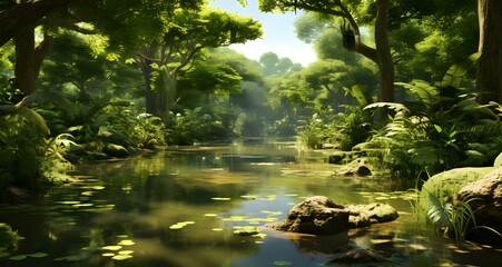 a stream surrounded by vegetation on a sunny day