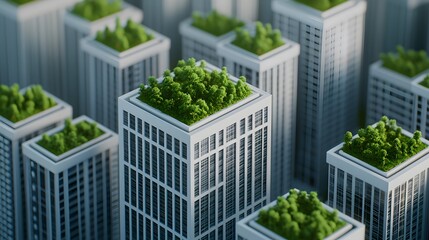 Aerial view of modern skyscrapers topped with lush greenery, showcasing urban planning that integrates nature into city environments.