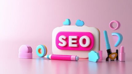 A playful arrangement of colorful SEO-themed items against a pink background, featuring text and various shapes that evoke creativity and digital marketing.