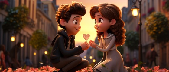Romantic 3D Cartoon Proposal in Enchanting Flower Garden Scene