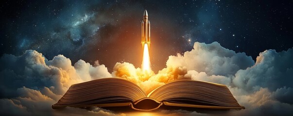 Rocket Launching from Book Innovative Background for Business Growth Success Marketing Technology Space Idea