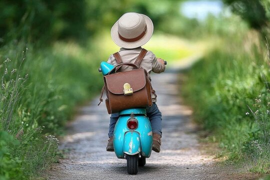 School Begins Childhood Adventure with Vintage Scooter and Happy Boy