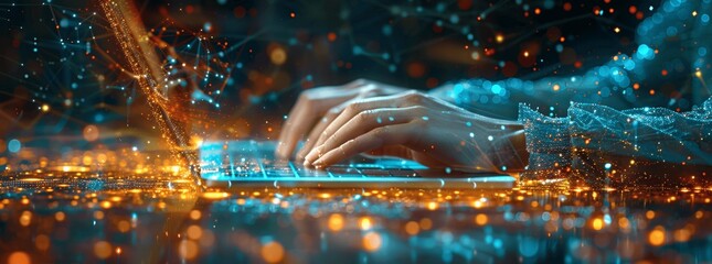 Businesswoman Typing on Laptop with Digital Marketing and Network Technology Background