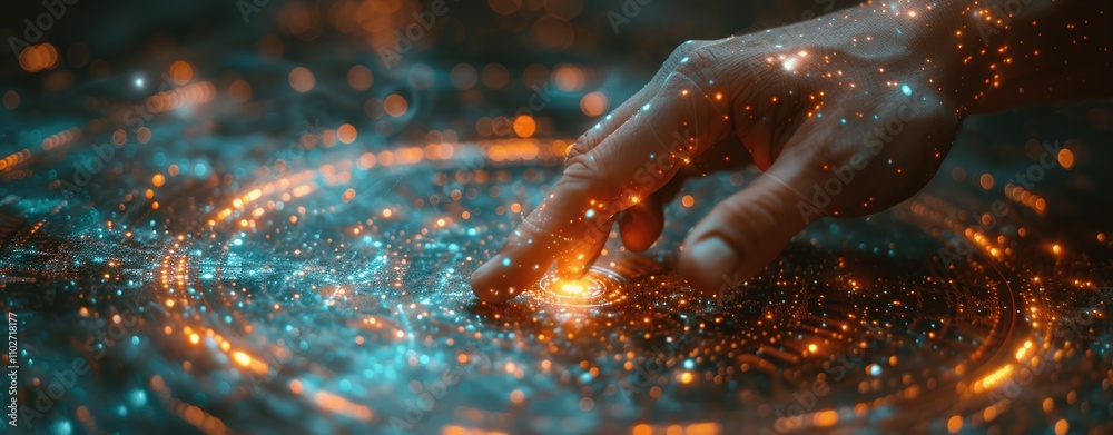 Poster ai data science technology businessman touching virtual screen with hologram digital interface data 