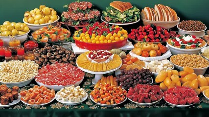 Colorful assortment of fresh fruits, meats, and desserts displayed on a festive table at a celebration