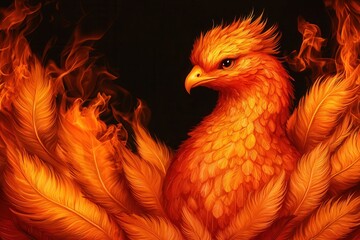 Fototapeta premium Success prosperity and hard work, A vibrant phoenix emerges from flames, showcasing fiery orange feathers against a dark background, symbolizing rebirth and transformation.