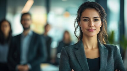 Female leadership scene with a woman confidently leading a team in a corporate setting