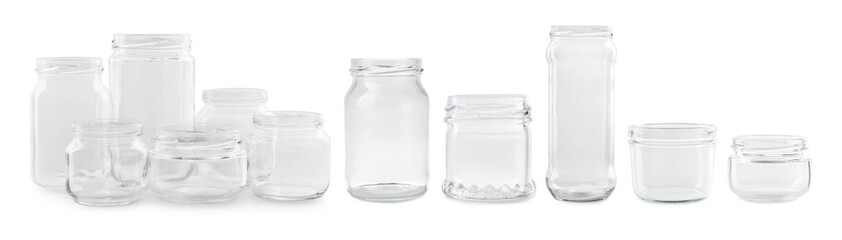 Set of many different glass jars isolated on white