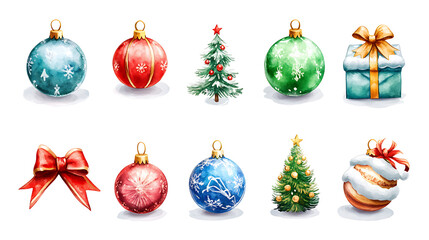 A sparkling 3D watercolor Christmas icon set of 18 designs, including shimmering tinsel, a snowy bow, and a twinkling lantern, with vibrant colors and festive flair. 