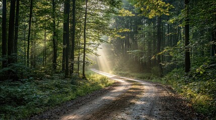 Obraz premium Forest road cutting through dense trees, with sunlight filtering through the branches