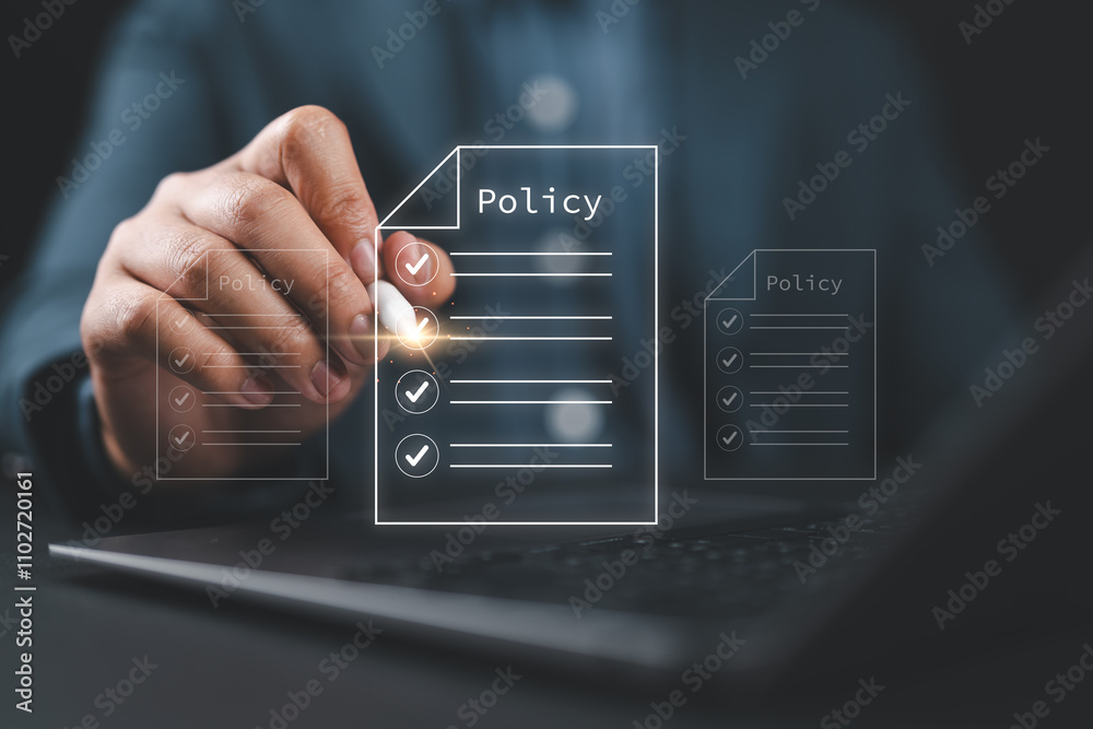 Poster Businessman checking steps through a virtual online document with a list of checkboxes Concepts of practices and policies, company articles of association Terms and Conditions, quality inspection.