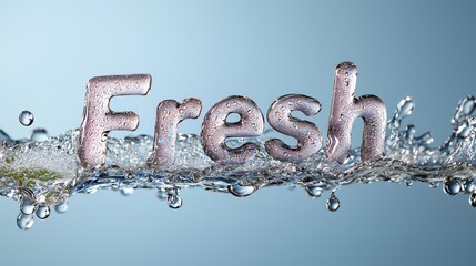 Refreshing design: text Fresh displayed in creative font adorned with water droplets, capturing essence of vitality, ideal for banners and marketing materials that emphasize cleanliness, innovation.