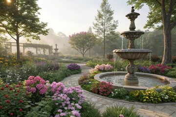 A beautiful garden filled with vibrant flowers and a small fountain, idyllic, vibrant
