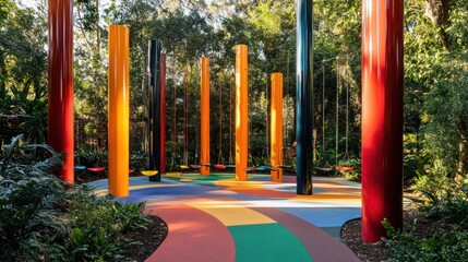 Colorful outdoor space with tall pillars and vibrant pathways for leisure and interaction.