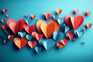 Colorful Paper Hearts on Bright Blue Background Whimsical Illustration Love Valentine