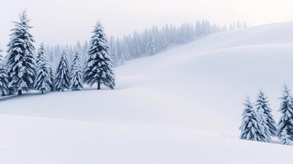 A blanket of fresh snow covers the ground and partially hides trees on a gentle slope, peaceful scene, serene countryside, winter landscape