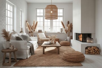 Obraz premium Cozy Living Room with Warm Lighting and Neutral Tones - Home Decor, Interior Design, and Hygge Inspiration