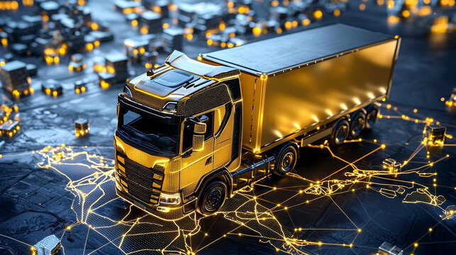 Empowering through technology. golden logistics truck on digital network background, symbolizing advanced transportation technology and connectivity. glowing elements enhance futuristic feel