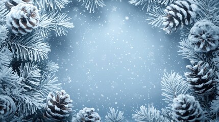 Frosty celebration: Happy 2025 New Year with snowy Christmas wreath adorned with frosty pine cones, winter elements, essence of a festive season filled with warmth, holiday cheer.