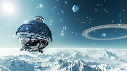 Advanced Spacecraft Hovering Over Uranus' Icy Terrain with Starry Background - Symbolizing Solar System Exploration