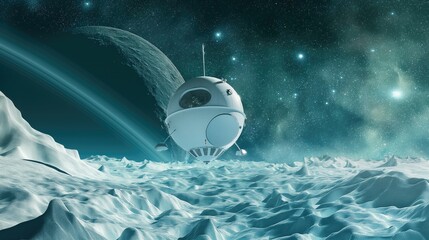 Advanced Spacecraft Hovering Over Uranus' Icy Terrain with Starry Background - Symbolizing Solar System Exploration