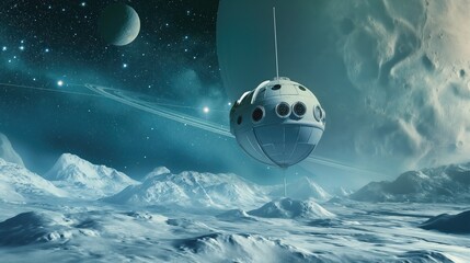 Advanced Spacecraft Hovering Over Uranus' Icy Terrain with Starry Background - Symbolizing Solar System Exploration