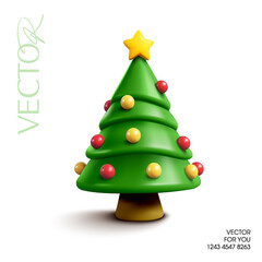3d minimal Christmas tree with ornaments decoration. Christmas pine tree icon in 3d vector. Vector illustration