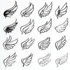 Wings Collection Sketches Black and White Cartoon Hand Drawn Designs
