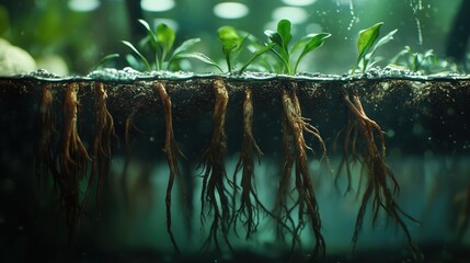 Obraz premium A close up of plant roots in water. The roots are green and brown. Concept of growth and life