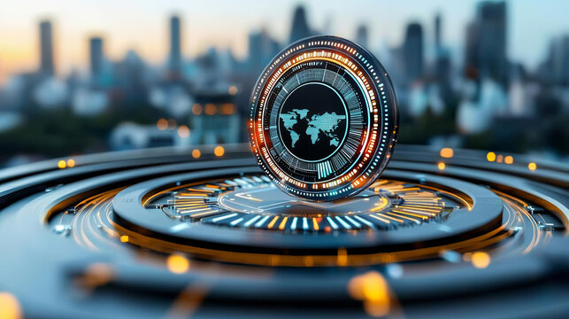 Empowering through technology. futuristic holographic business dashboard displaying world map, with glowing elements and city skyline in background, conveying innovation and technology - Powered by Adobe