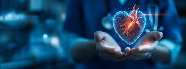 Cardiologist examines heart functions and blood vessels with virtual medical technology in a futuristic lab environment