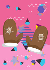 Mitten Glove geometrical graphic retro theme background. Minimal geometric elements. Vintage abstract shapes vector illustration.