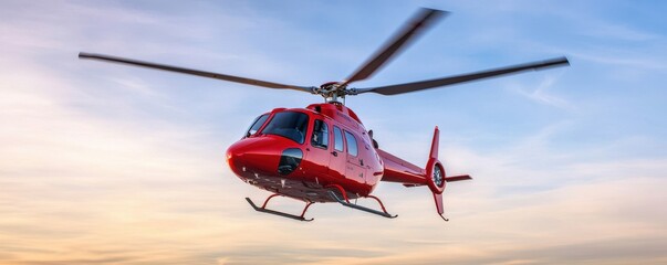 A red helicopter flying against a clear blue sky.