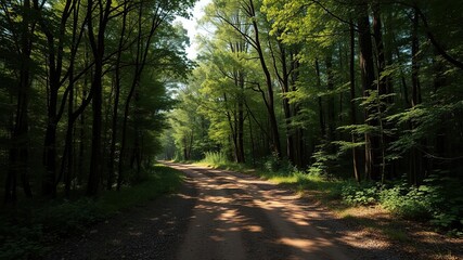 Obraz premium A narrow dirt road cuts through a dense thicket of foliage in a secluded forest area, overgrown vegetation, forest trail, rural countryside