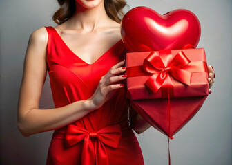 Close-up of female hands holding a gift in a pink heart, present for Valentine's Day, birthday, or anniversary. Flat lay. Symbol of love. Valentine's Day background with a gift box on concrete board.
