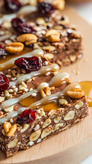Nutty snack bars topped with caramel, dried cranberries, and peanuts on a wooden surface.

