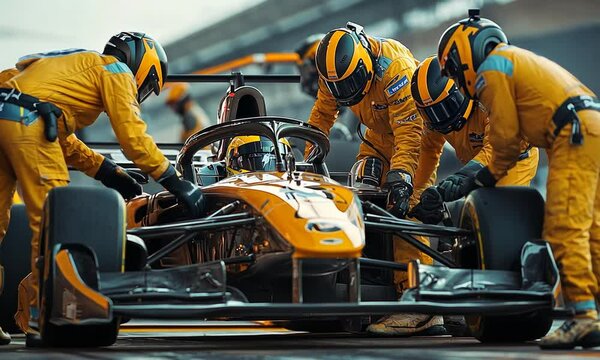 Pit crew servicing a race car during a competition.