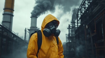 Young Man in Industrial Jacket and Gas Mask in Front of Smoky Factory Scene, Urban Industrial Concept