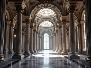 Fototapeta premium Night shot of ornate palace hallway, marble columns and arches.